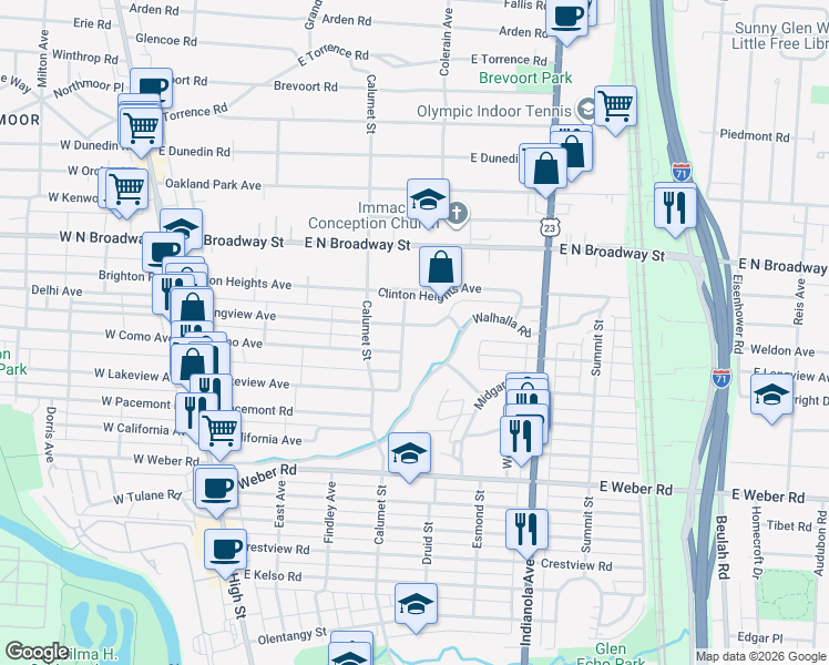 map of restaurants, bars, coffee shops, grocery stores, and more near 345 East Longview Avenue in Columbus