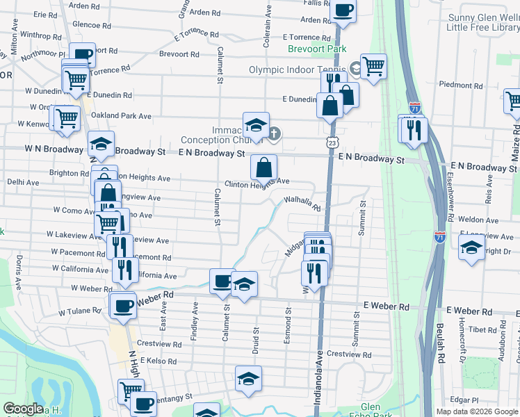 map of restaurants, bars, coffee shops, grocery stores, and more near 345 East Longview Avenue in Columbus