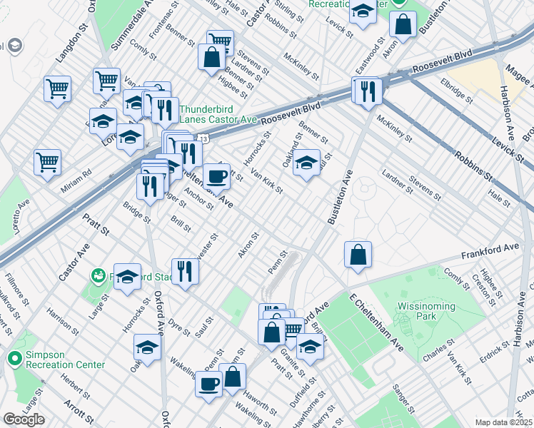 map of restaurants, bars, coffee shops, grocery stores, and more near 5826 Akron Street in Philadelphia