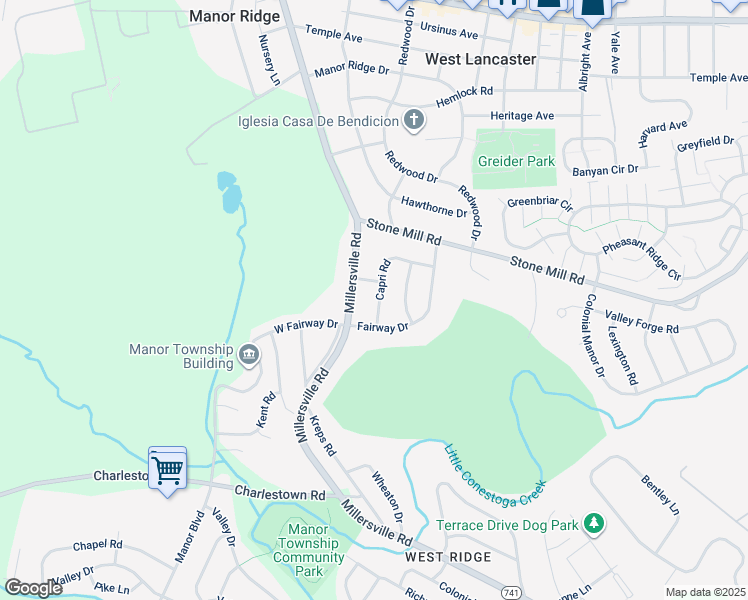 map of restaurants, bars, coffee shops, grocery stores, and more near 608 Capri Road in Lancaster