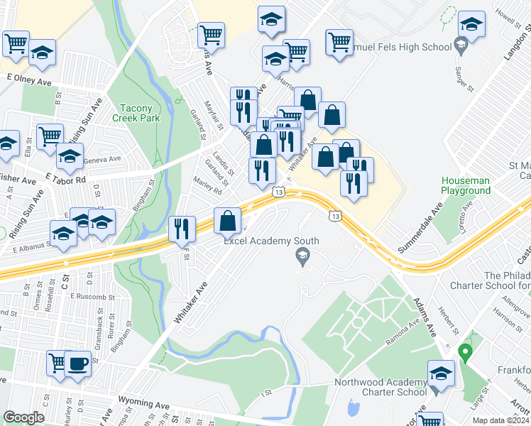 map of restaurants, bars, coffee shops, grocery stores, and more near 5259 Whitaker Avenue in Philadelphia