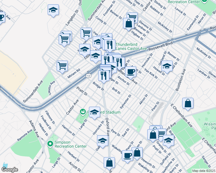 map of restaurants, bars, coffee shops, grocery stores, and more near 5322 Large Street in Philadelphia