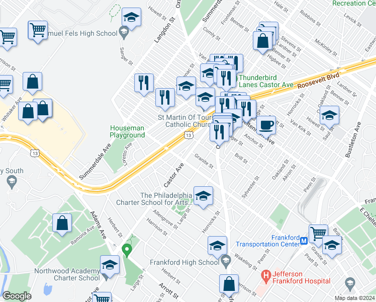 map of restaurants, bars, coffee shops, grocery stores, and more near 5226 Castor Avenue in Philadelphia