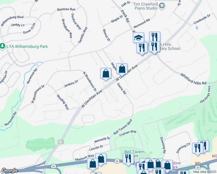 map of restaurants, bars, coffee shops, grocery stores, and more near 270 West Uwchlan Avenue in Downingtown