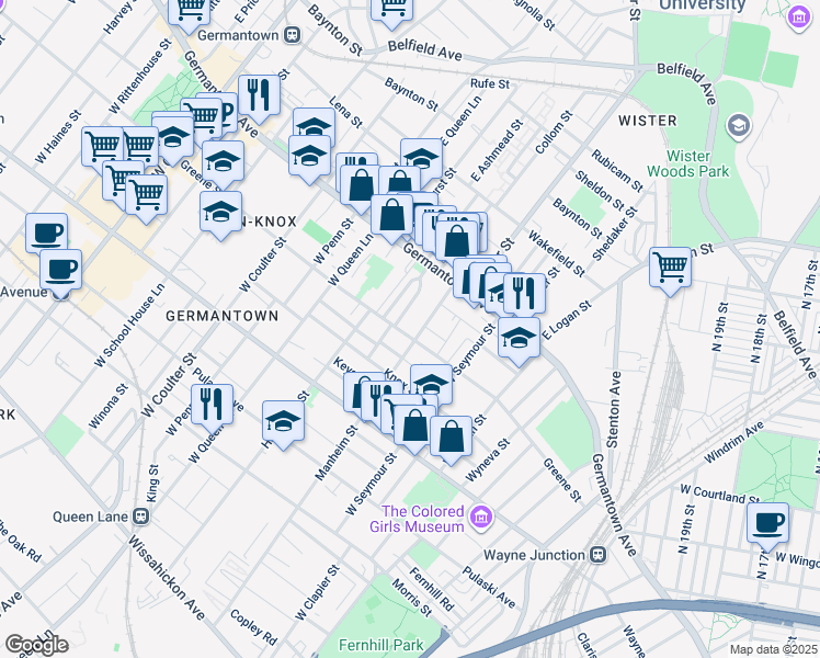 map of restaurants, bars, coffee shops, grocery stores, and more near 5109 Greene Street in Philadelphia