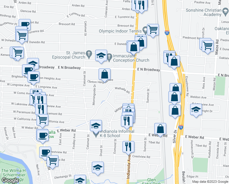 map of restaurants, bars, coffee shops, grocery stores, and more near 399 Walhalla Road in Columbus