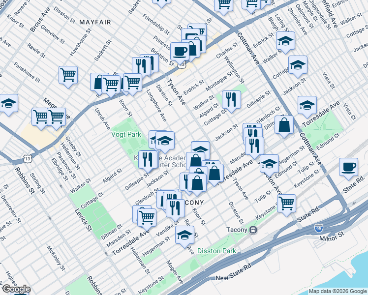 map of restaurants, bars, coffee shops, grocery stores, and more near 6914 Gillespie Street in Philadelphia