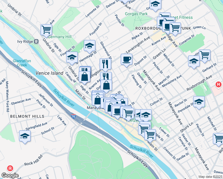 map of restaurants, bars, coffee shops, grocery stores, and more near 182 Green Lane in Philadelphia