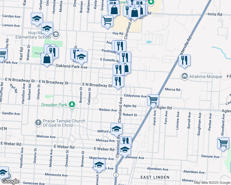 map of restaurants, bars, coffee shops, grocery stores, and more near 3009 Cleveland Avenue in Columbus