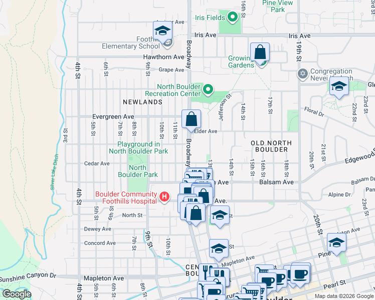 map of restaurants, bars, coffee shops, grocery stores, and more near 2950 Colorado 7 in Boulder