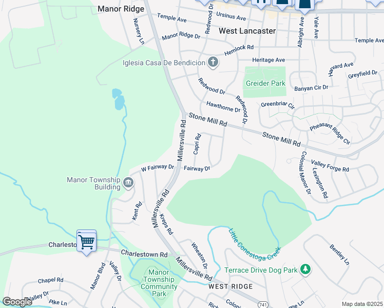map of restaurants, bars, coffee shops, grocery stores, and more near 608 Capri Road in Lancaster