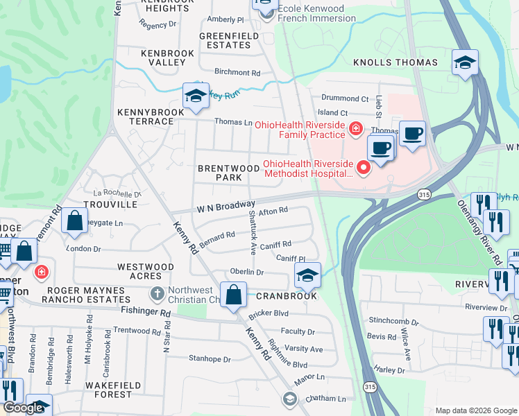 map of restaurants, bars, coffee shops, grocery stores, and more near 978 Afton Road in Columbus