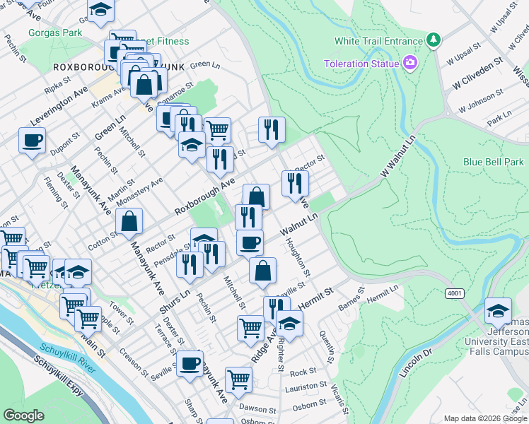 map of restaurants, bars, coffee shops, grocery stores, and more near 540 Jamestown Avenue in Philadelphia