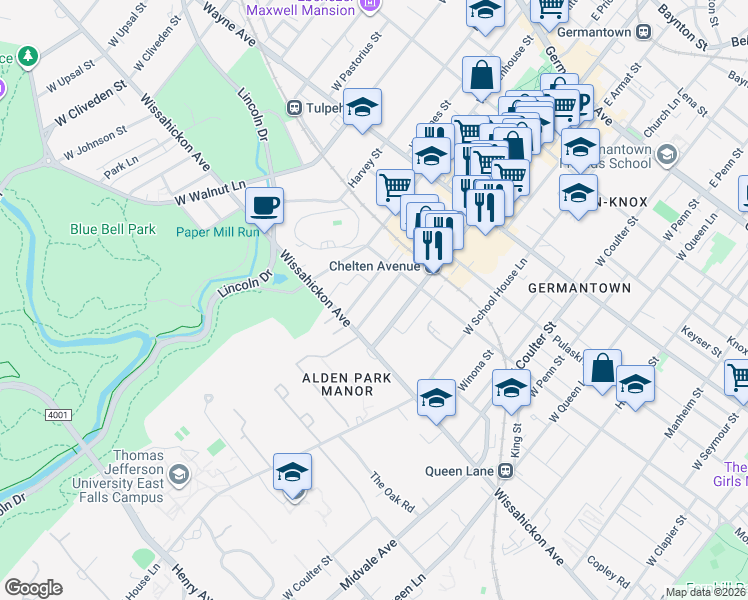 map of restaurants, bars, coffee shops, grocery stores, and more near 416 West Stafford Street in Philadelphia