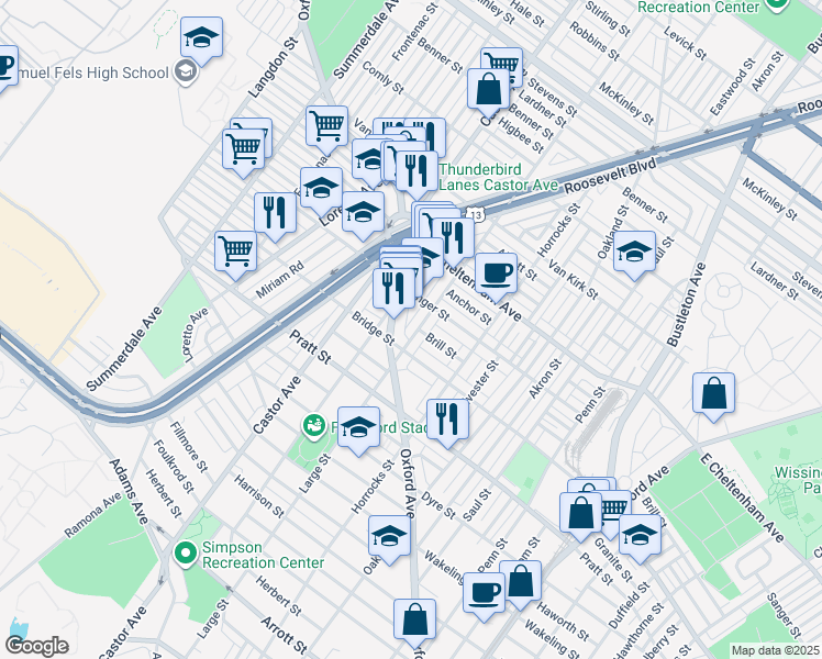 map of restaurants, bars, coffee shops, grocery stores, and more near 5339 Large Street in Philadelphia