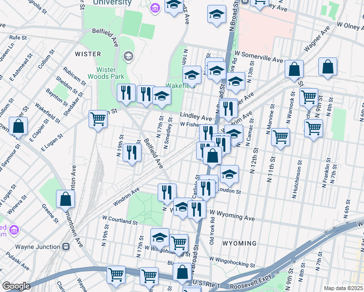 map of restaurants, bars, coffee shops, grocery stores, and more near 1801-15 North 16th Street in Philadelphia