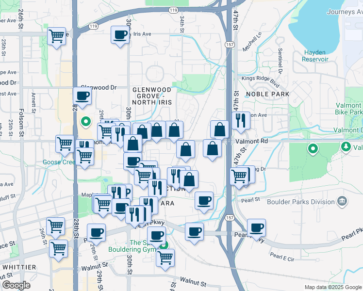 map of restaurants, bars, coffee shops, grocery stores, and more near 3400 Valmont Road in Boulder