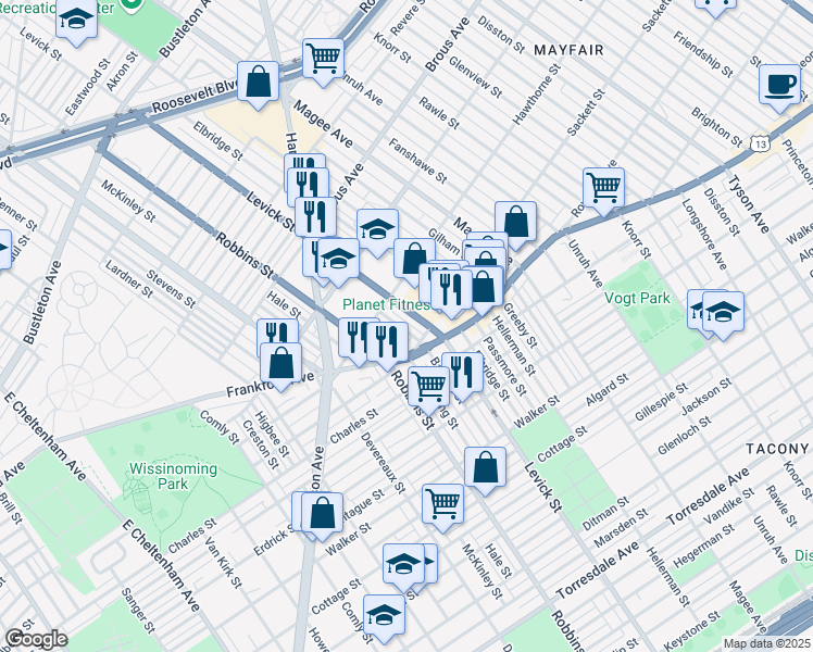 map of restaurants, bars, coffee shops, grocery stores, and more near 3141 Barnett Street in Philadelphia