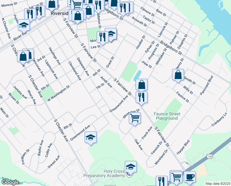 map of restaurants, bars, coffee shops, grocery stores, and more near 738 Arndt Avenue in Riverside