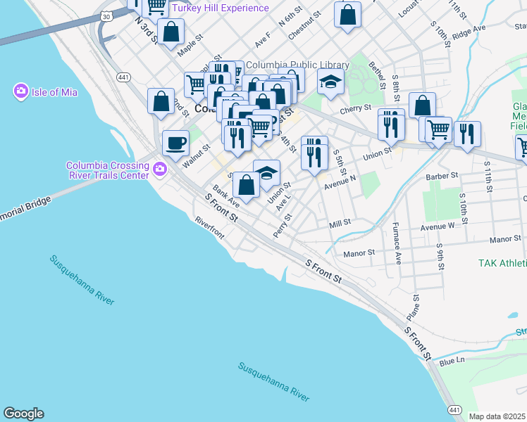 map of restaurants, bars, coffee shops, grocery stores, and more near 200 South 2nd Street in Columbia
