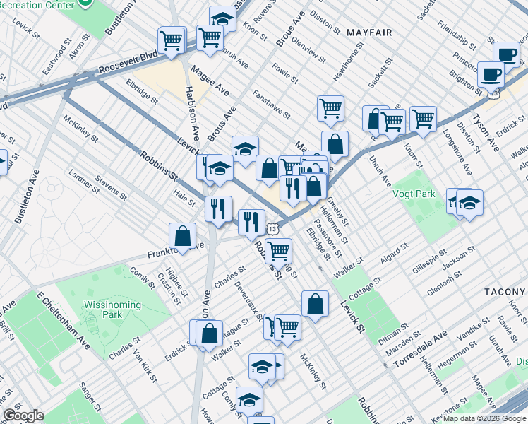 map of restaurants, bars, coffee shops, grocery stores, and more near 3141 Barnett Street in Philadelphia