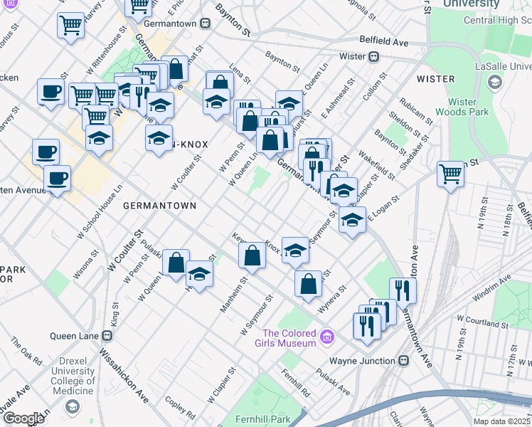 map of restaurants, bars, coffee shops, grocery stores, and more near 5126 Greene Street in Philadelphia