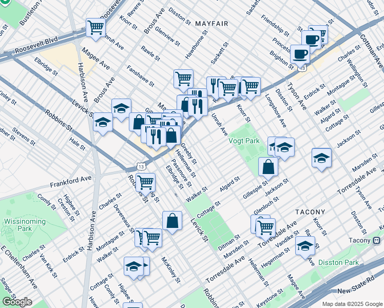 map of restaurants, bars, coffee shops, grocery stores, and more near 4117 Greeby Street in Philadelphia