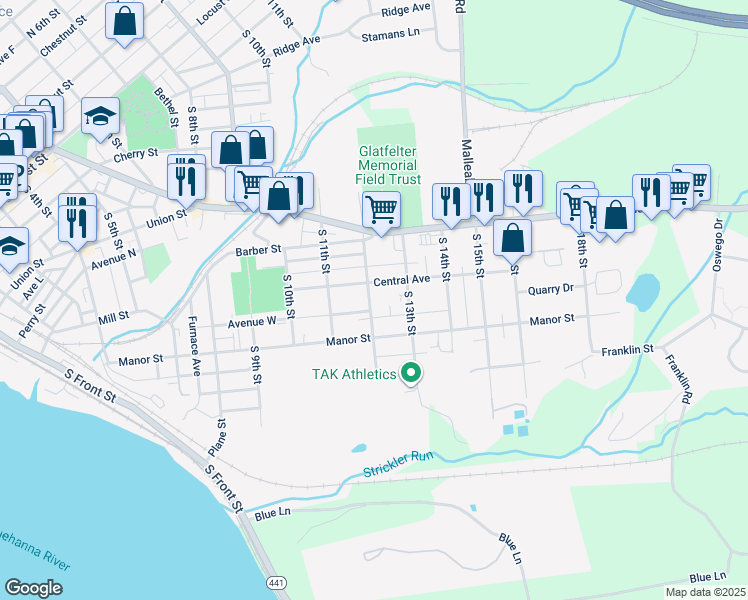 map of restaurants, bars, coffee shops, grocery stores, and more near 618 South 12th Street in Columbia