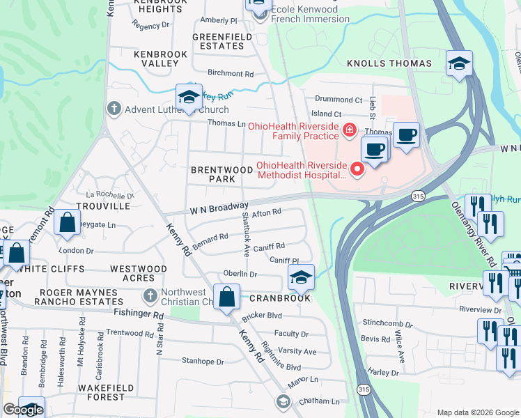 map of restaurants, bars, coffee shops, grocery stores, and more near 978 Afton Road in Columbus