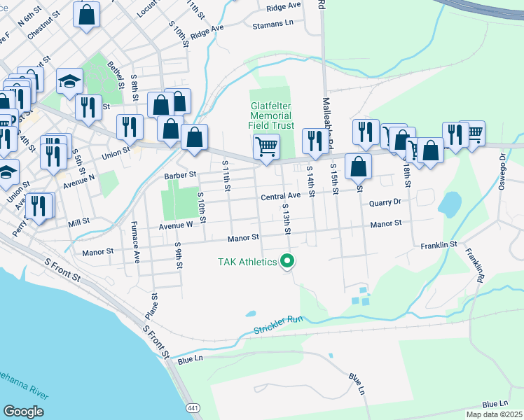 map of restaurants, bars, coffee shops, grocery stores, and more near 618 South 12th Street in Columbia