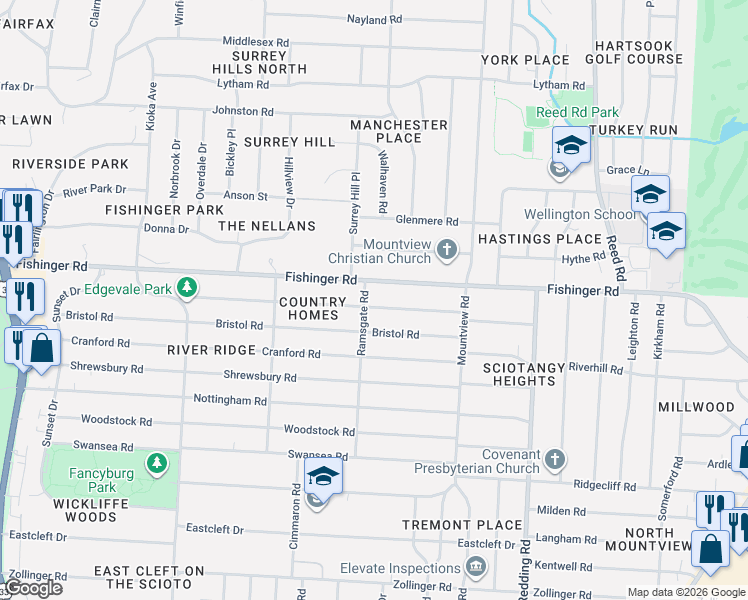 map of restaurants, bars, coffee shops, grocery stores, and more near 2270 Edgevale Rd in Columbus