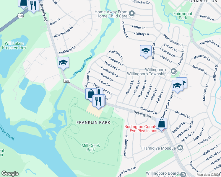 map of restaurants, bars, coffee shops, grocery stores, and more near 52 Pond Lane in Willingboro
