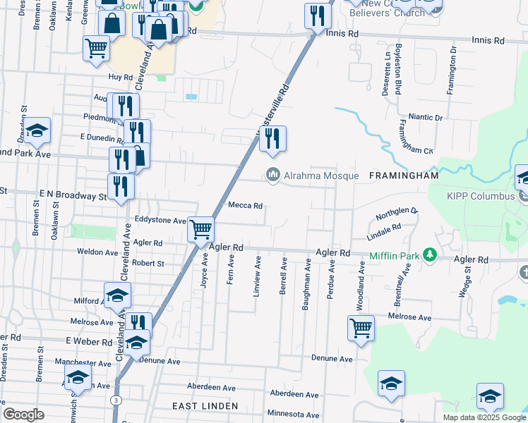 map of restaurants, bars, coffee shops, grocery stores, and more near 2113 Mecca Road in Columbus