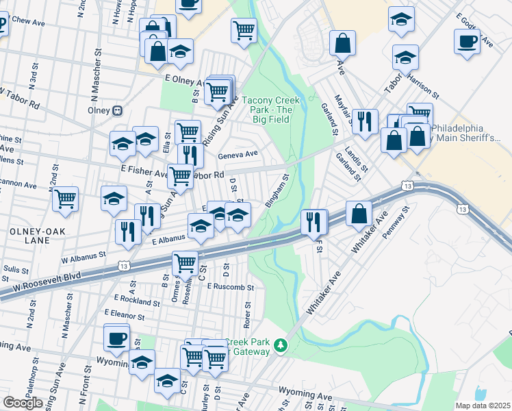 map of restaurants, bars, coffee shops, grocery stores, and more near 530 East Ashdale Street in Philadelphia