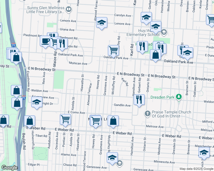 map of restaurants, bars, coffee shops, grocery stores, and more near 3086 Grasmere Avenue in Columbus