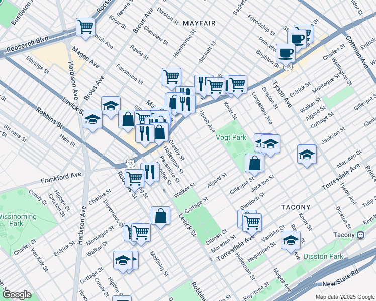 map of restaurants, bars, coffee shops, grocery stores, and more near 4123 Gilham Street in Philadelphia
