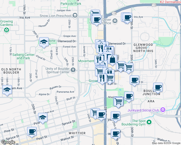 map of restaurants, bars, coffee shops, grocery stores, and more near 2700 Valmont Road in Boulder