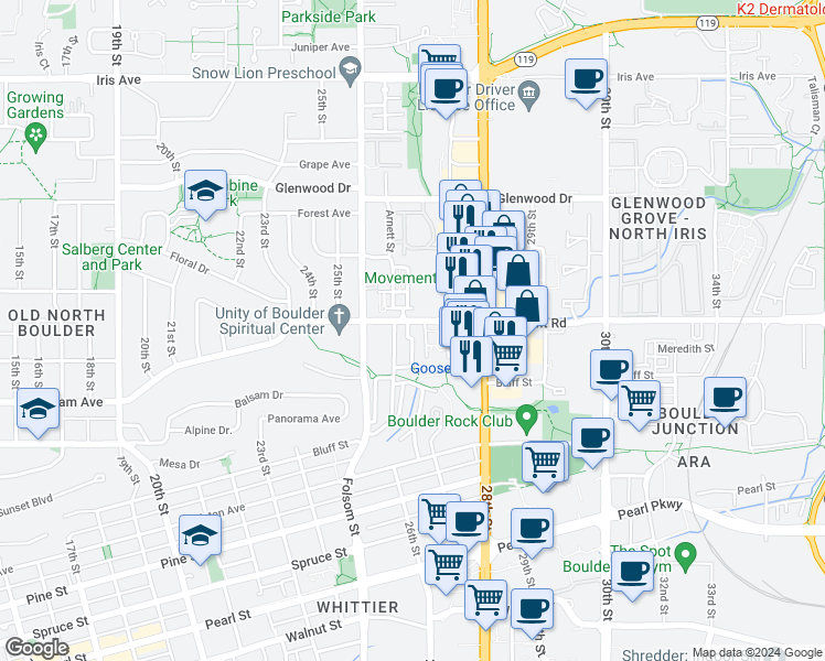 map of restaurants, bars, coffee shops, grocery stores, and more near 2700 Valmont Road in Boulder