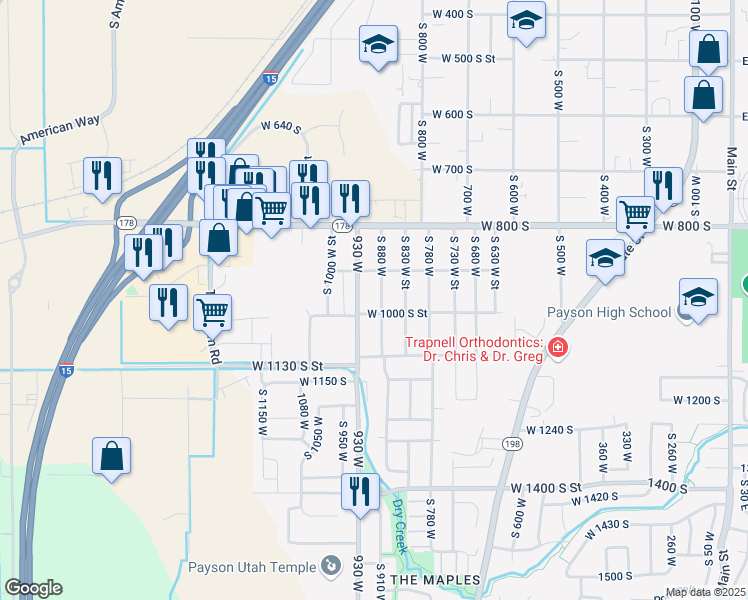 map of restaurants, bars, coffee shops, grocery stores, and more near 973 South 880 West in Payson