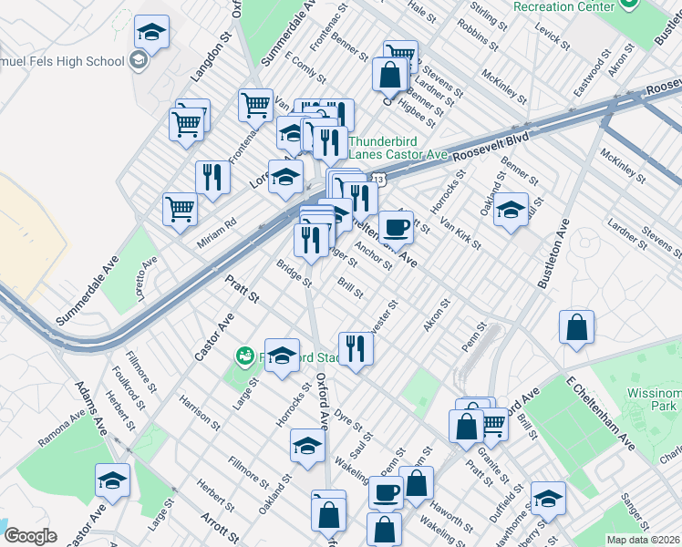 map of restaurants, bars, coffee shops, grocery stores, and more near 5339 Large Street in Philadelphia