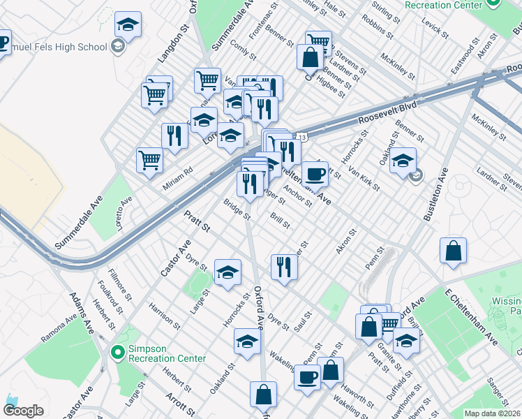 map of restaurants, bars, coffee shops, grocery stores, and more near 5339 Large Street in Philadelphia