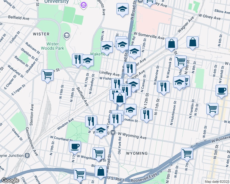 map of restaurants, bars, coffee shops, grocery stores, and more near 4937 North Carlisle Street in Philadelphia