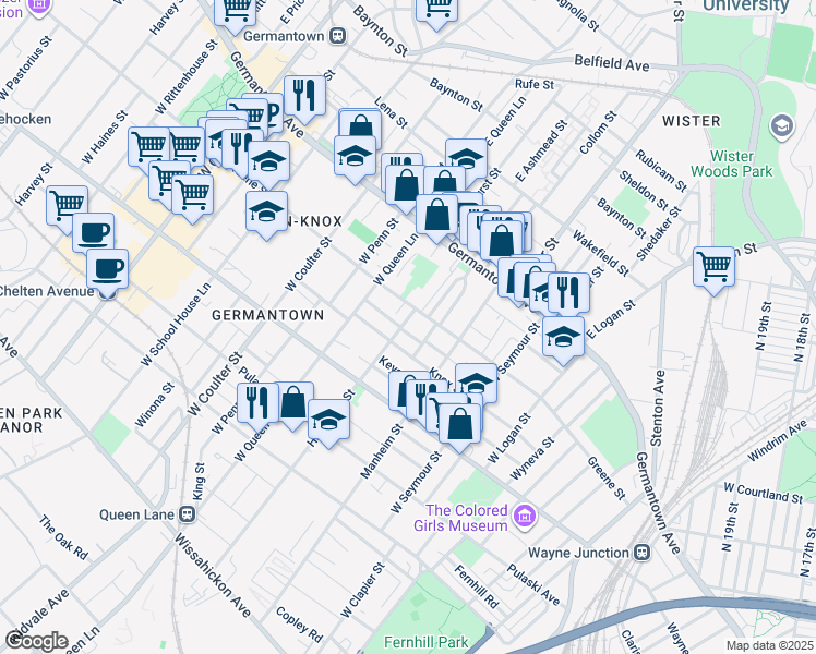 map of restaurants, bars, coffee shops, grocery stores, and more near 124 Hansberry Street in Philadelphia