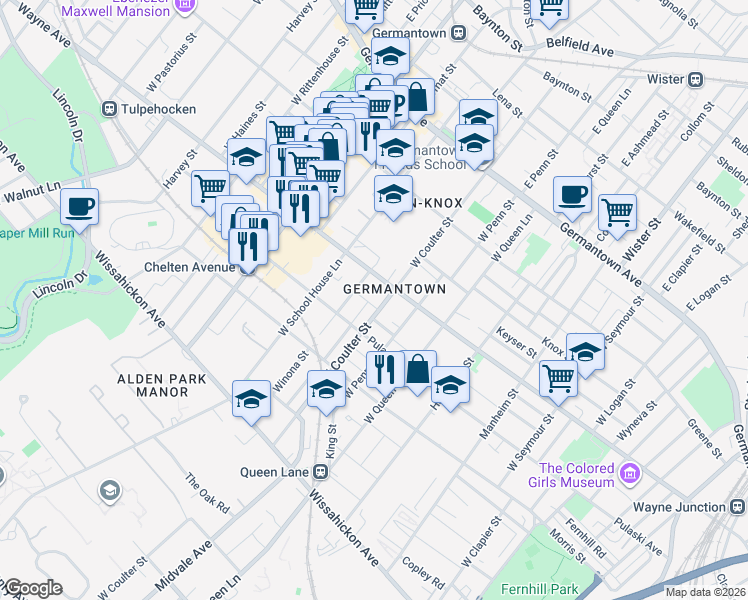 map of restaurants, bars, coffee shops, grocery stores, and more near 5411 Tacoma Street in Philadelphia