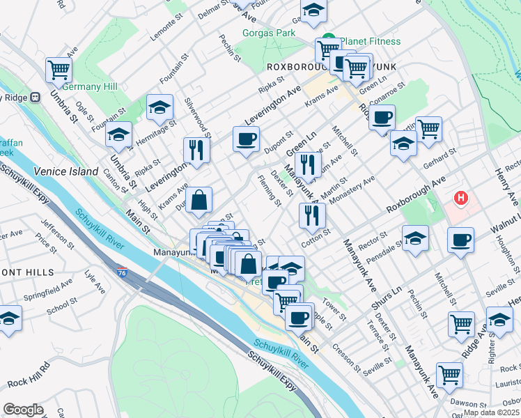 map of restaurants, bars, coffee shops, grocery stores, and more near 182 Gay Street in Philadelphia