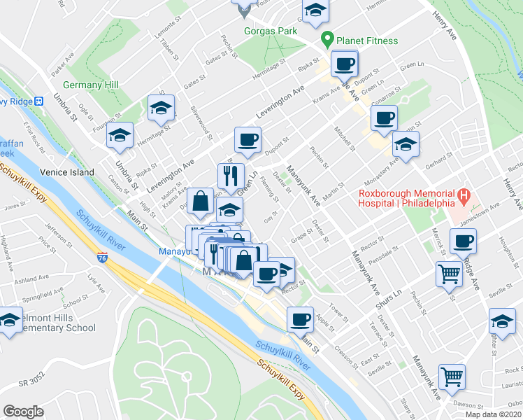 map of restaurants, bars, coffee shops, grocery stores, and more near 327 Carson Street in Philadelphia
