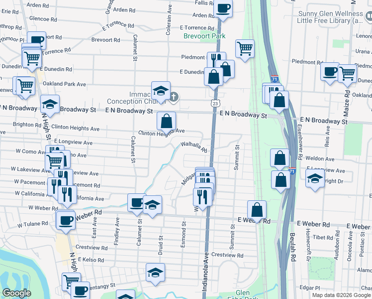 map of restaurants, bars, coffee shops, grocery stores, and more near 399 Walhalla Road in Columbus