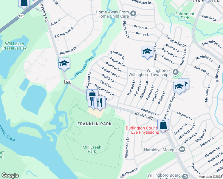 map of restaurants, bars, coffee shops, grocery stores, and more near 52 Pond Lane in Willingboro