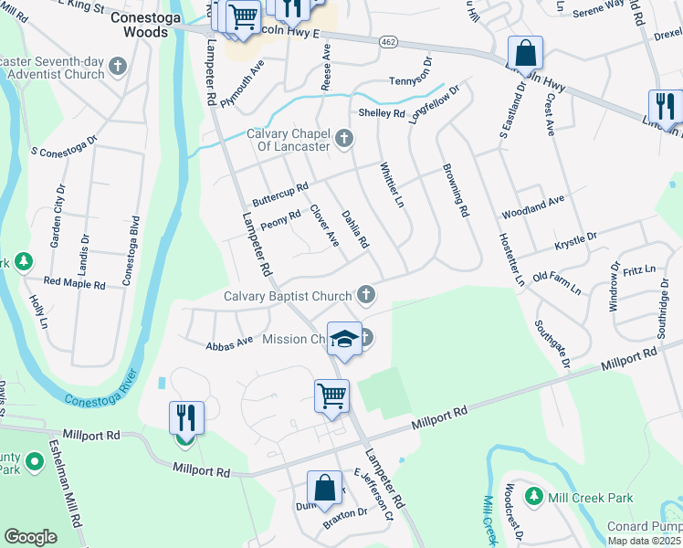 map of restaurants, bars, coffee shops, grocery stores, and more near 1624 Magnolia Drive in Lancaster