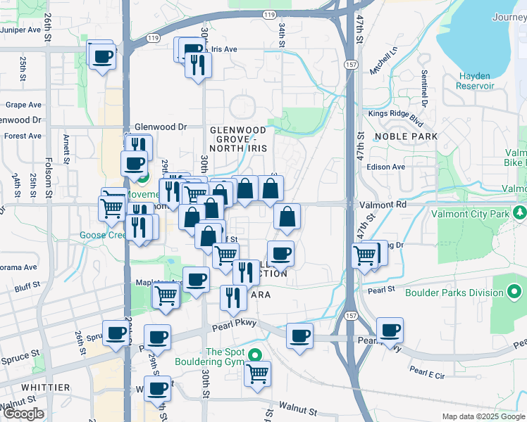 map of restaurants, bars, coffee shops, grocery stores, and more near 3210 Valmont Road in Boulder
